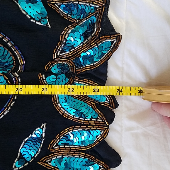 Vintage Sequin Black Silk top Blue flowers  80's 90s Stenay disco date night - Picture 6 of 7